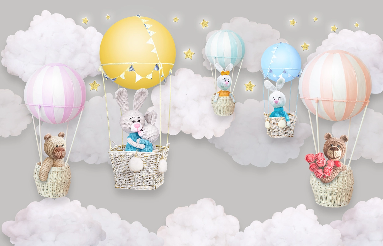 детские, воздушные шары, зайцы, небо, звёзды, облака, белые, серые