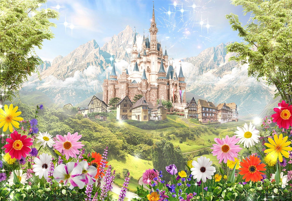 замок, горы, небо, салют, цветы, деревья, тропа, голубые, зелёные, бежевые